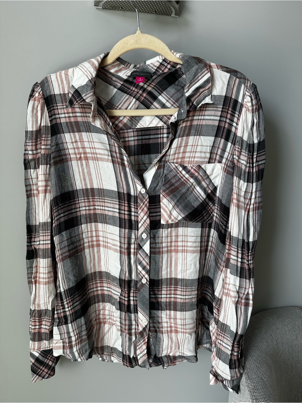 Vince Camuto Black, White & Pink Plaid Button Shirt